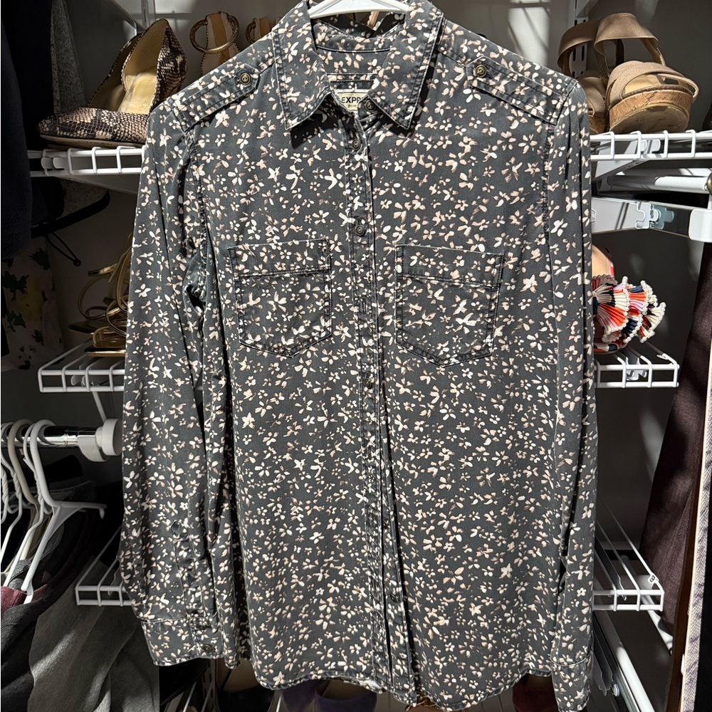 Express Black and Cream Floral Button Down Shirt